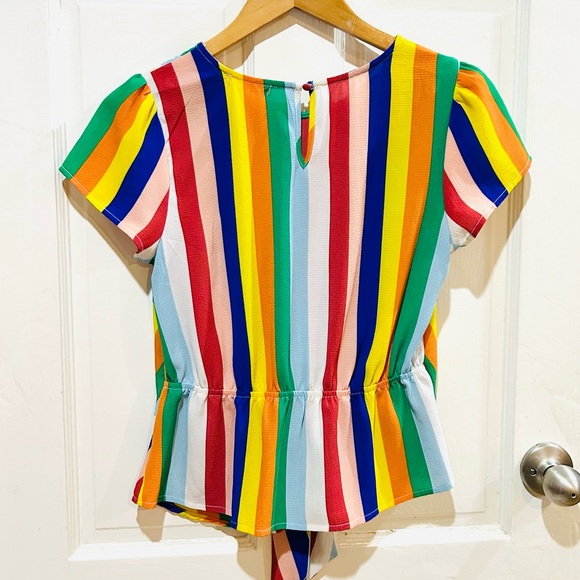 Blu Pepper Rainbow Striped Tie-Front Peplum Top Size S - Picture 3 of 4